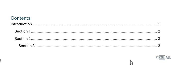 Demonstrationg of updating a table of contents window in Word